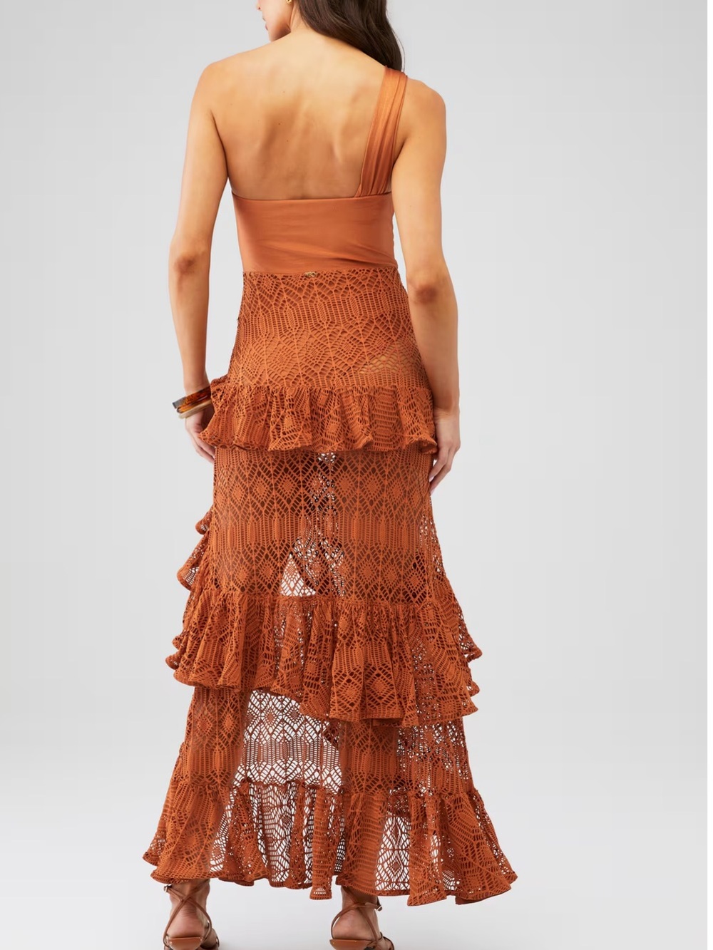 Patbo One-Shoulder Rust Crochet Ruffle Maxi Dress - Picture 3 of 6